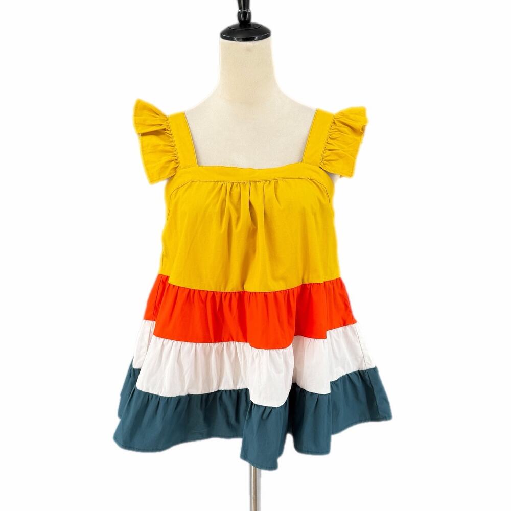 THML NEW Colorblock Yellow Orange White Blue 100% Cotton Ruffle Cute Tiered Top